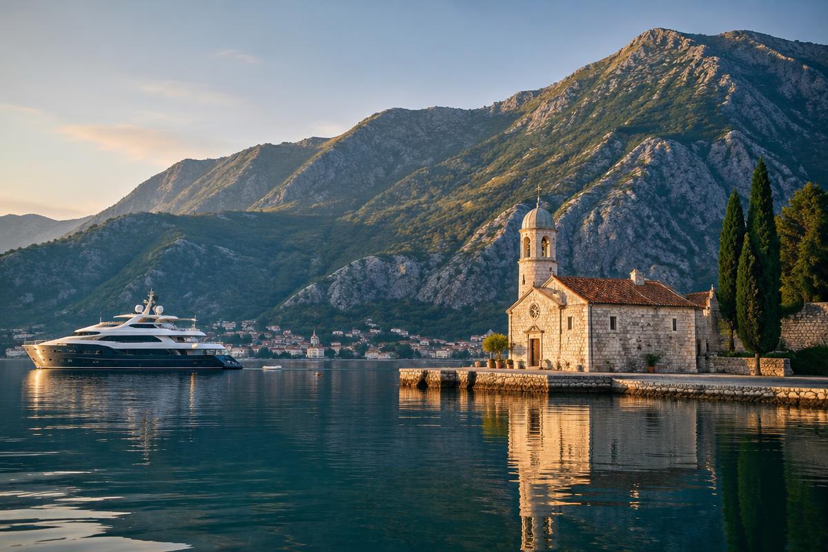 A yacht in the still Bay of Kotor beside a stone church