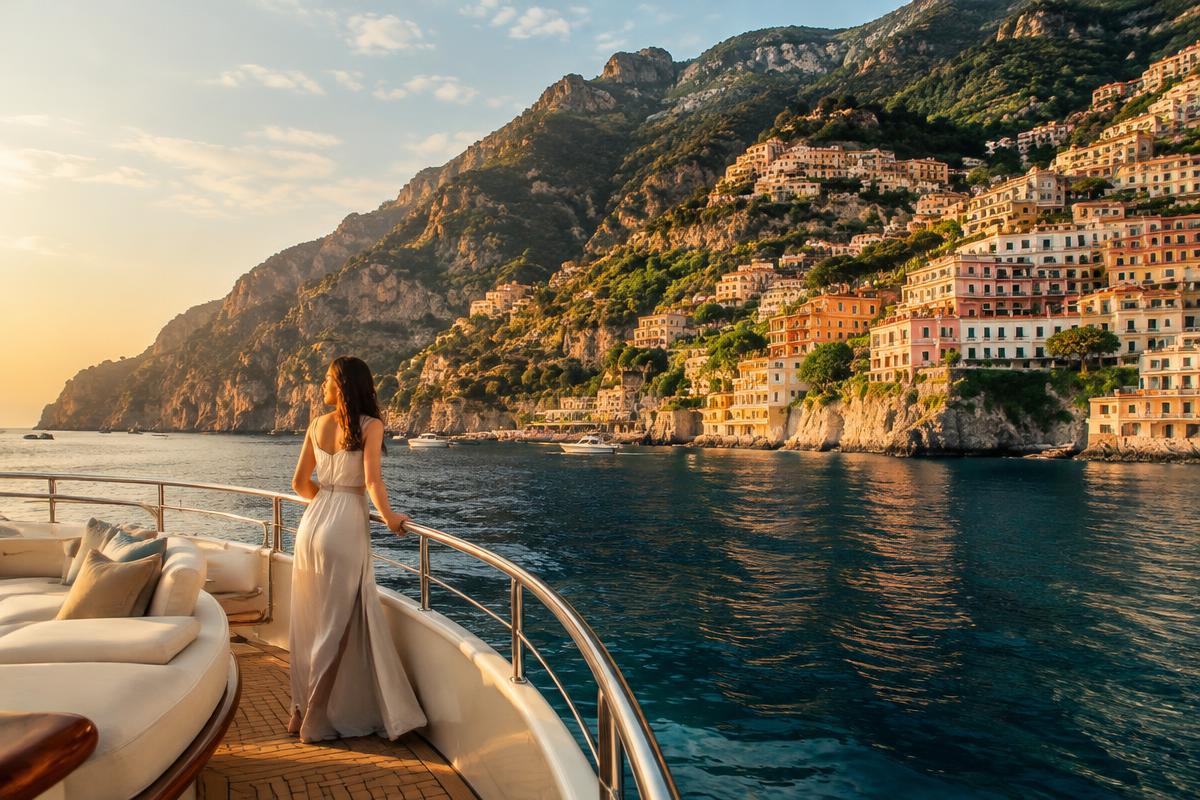 Positano's cliffside houses from a yacht deck