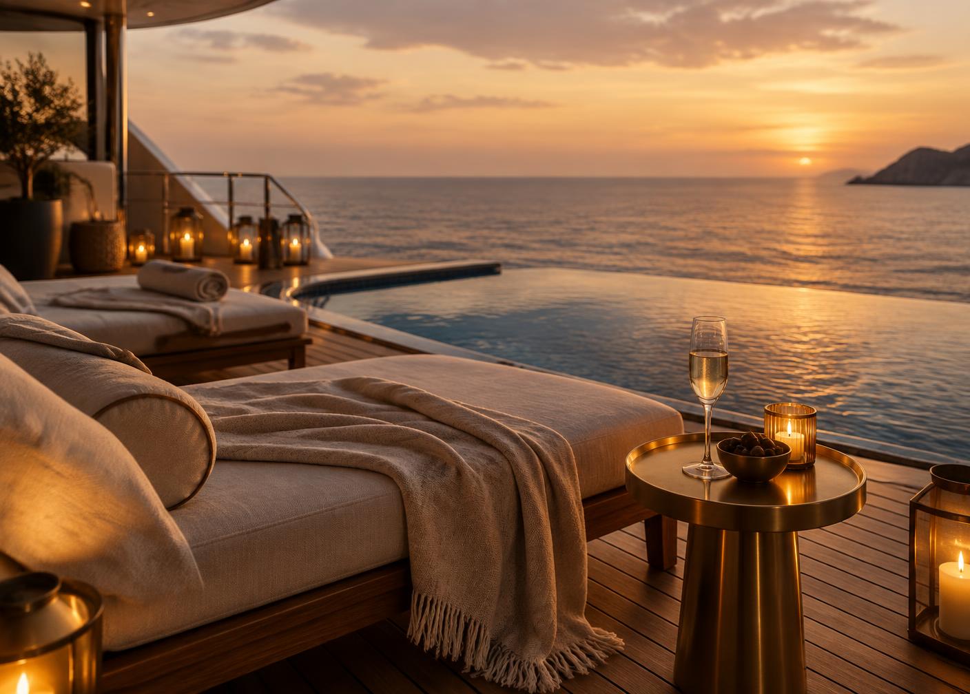 Teak sun deck of a small luxury yacht at dusk, with loungers, candles and an infinity pool over the sea.