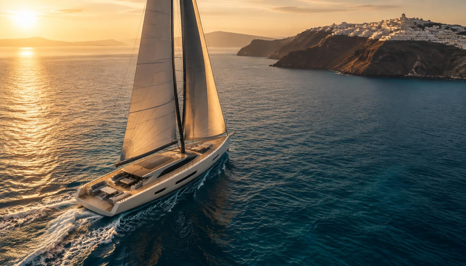 A private sailing yacht under golden light off a whitewashed Aegean cliff town.