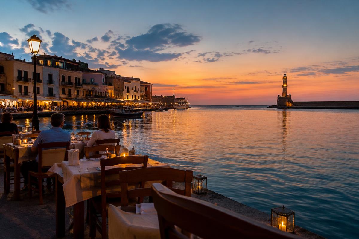 Chania's Venetian harbour and lighthouse at dusk