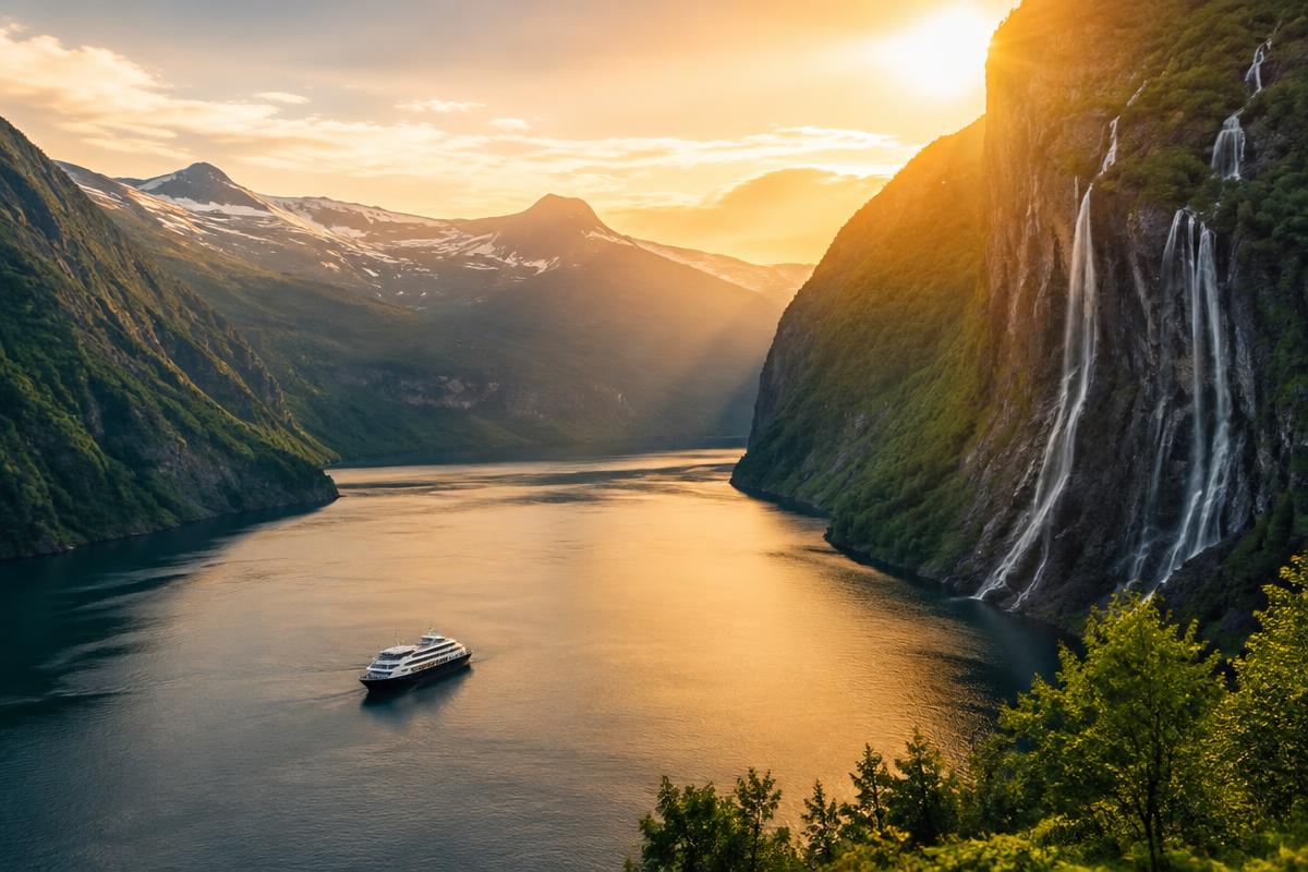 Small vessel in Geirangerfjord beneath waterfalls