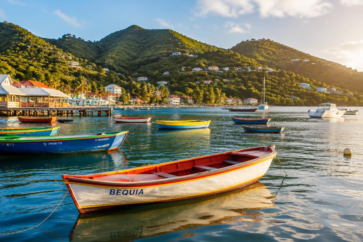 Painted wooden boats in Bequia harbour
