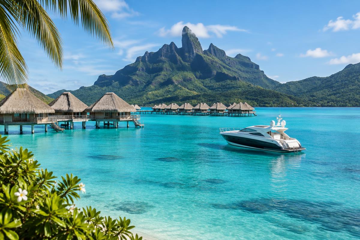Bora Bora lagoon with overwater villas and a yacht