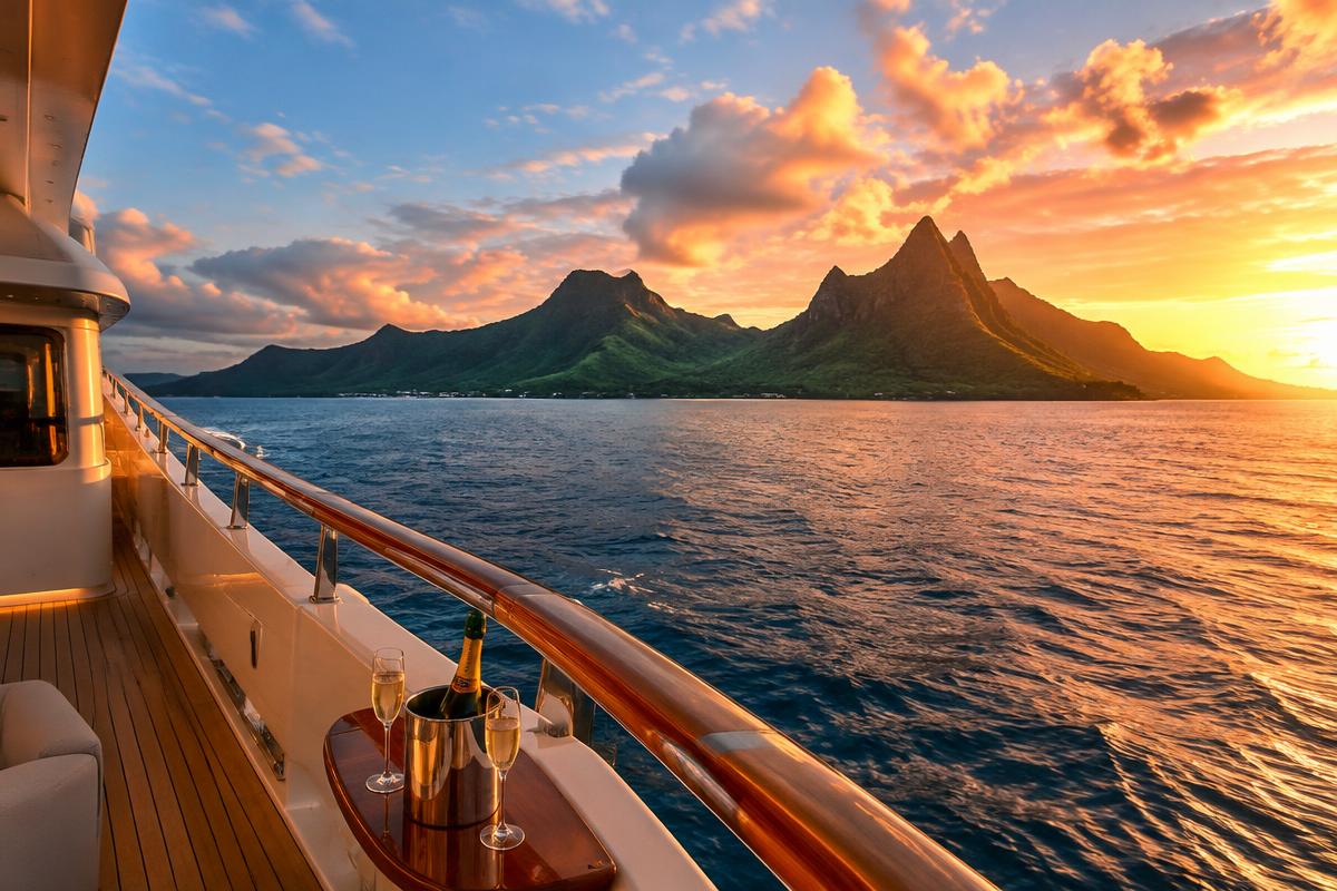 Moorea's peaks at sunset from the aft deck